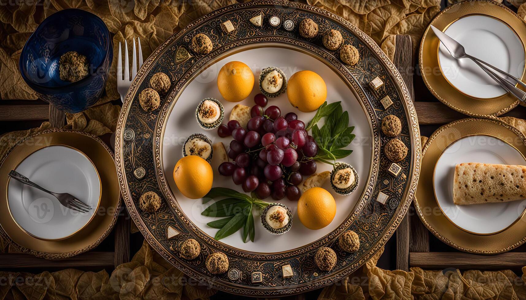 A Luxurious Table Setting with a Plate of Fresh Fruit and Desserts photo
