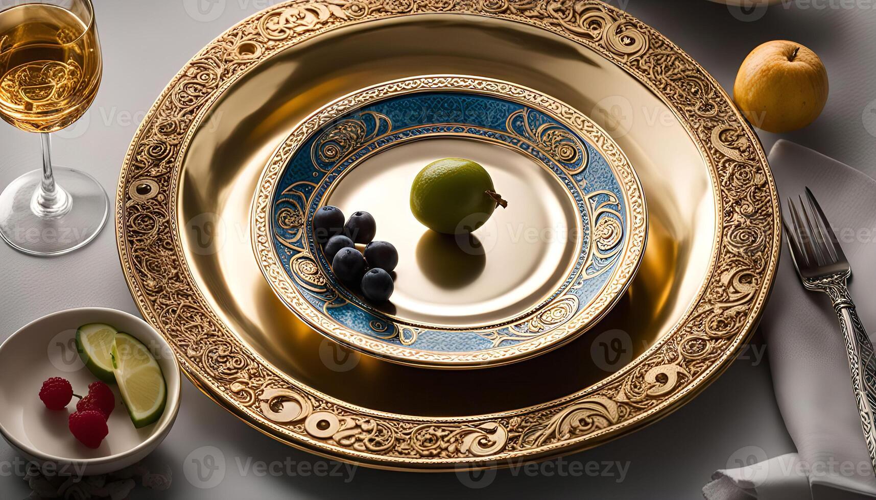 Elegant Table Setting with Golden Plates and Blue Accents photo
