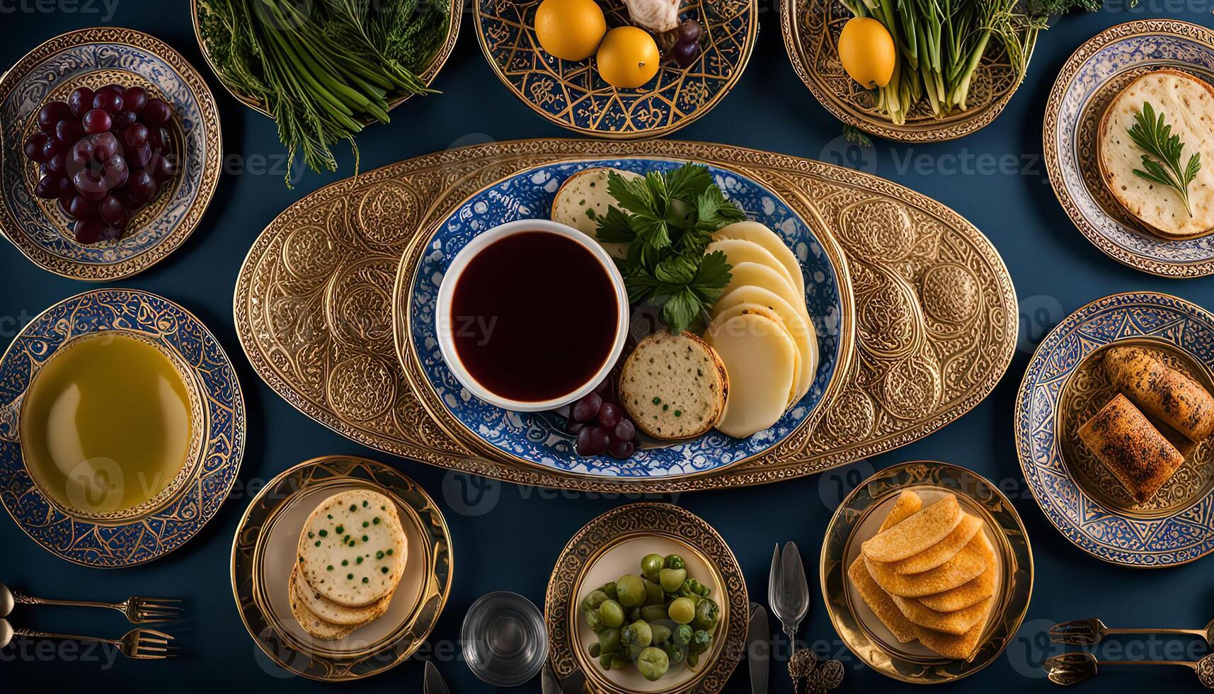 Elegant Table Setting with Blue and Gold Plates photo