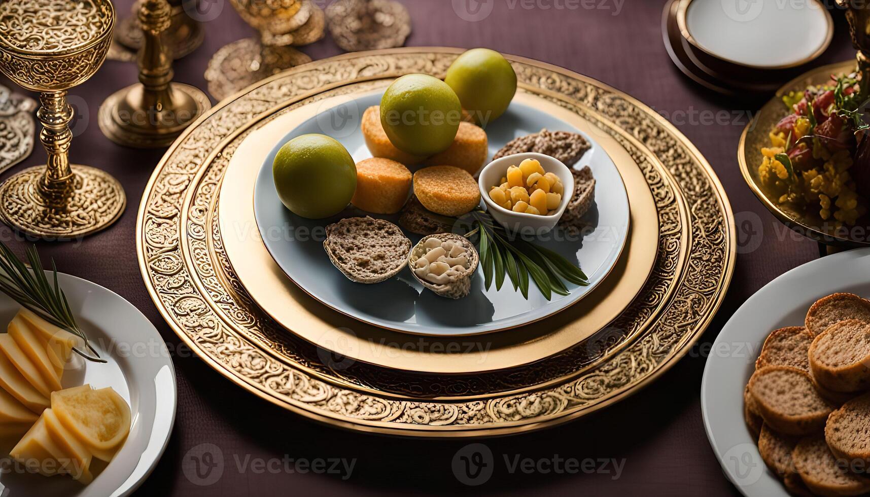 A Festive Table Setting With Golden Plates and Delicious Treats photo