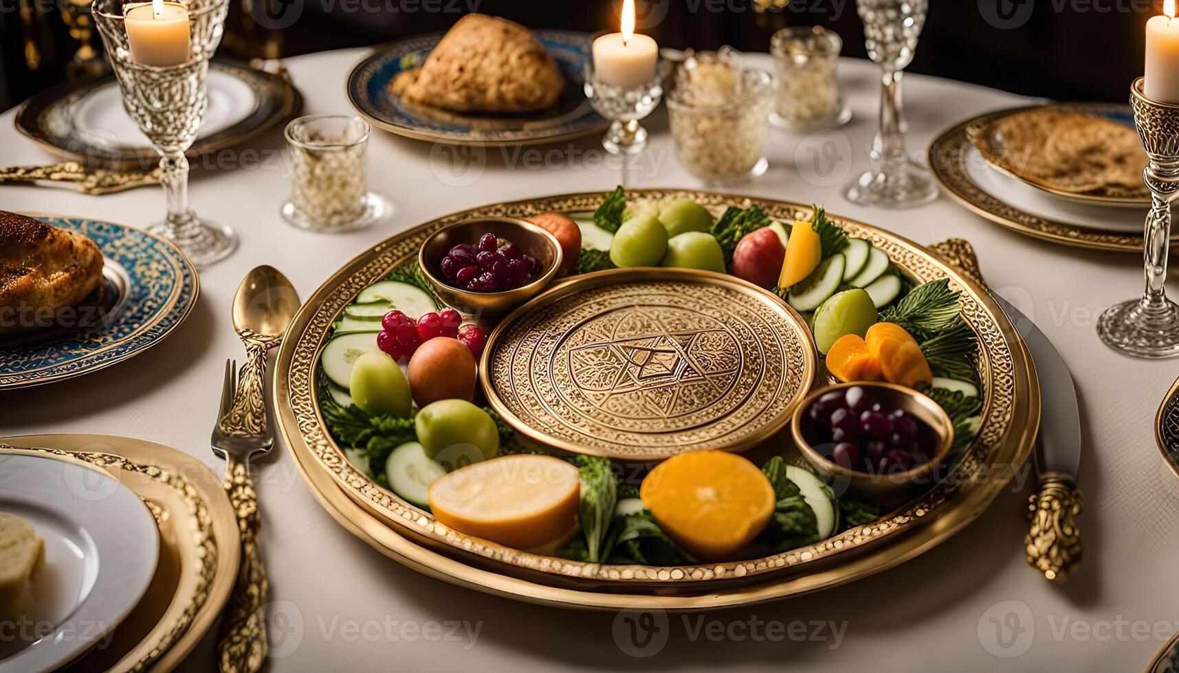 A Luxurious Table Setting with a Golden Tray Featuring a Variety of Fruits and Berries photo