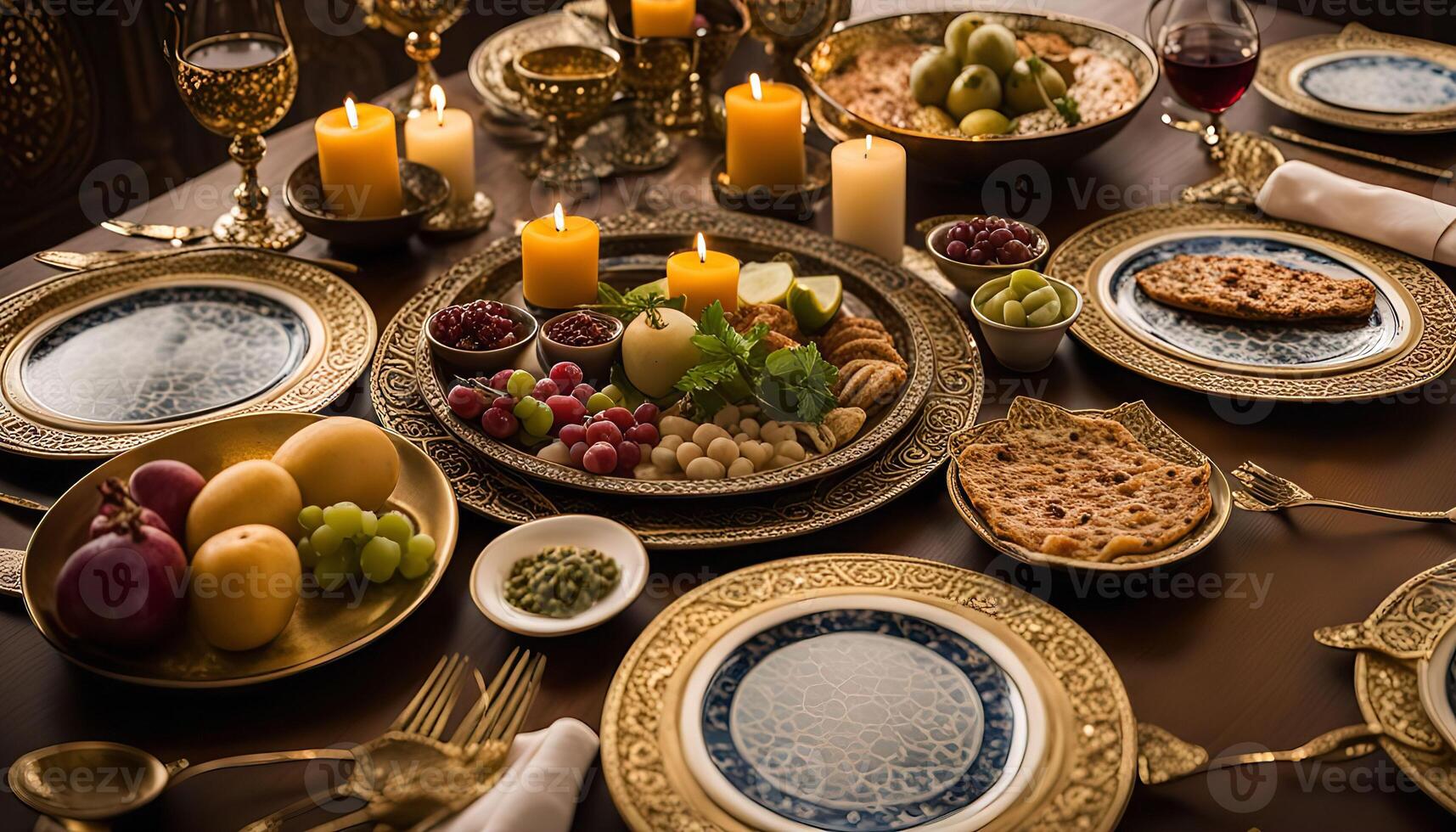 A Luxurious Table Setting with Gold and Blue Plates photo