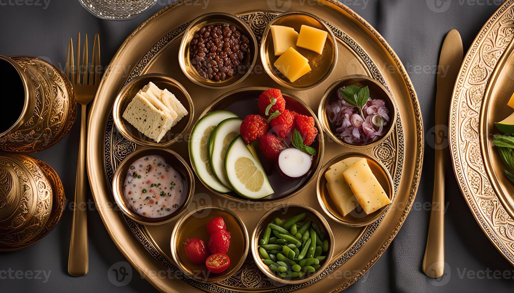 A plate of gourmet food on a gold platter photo