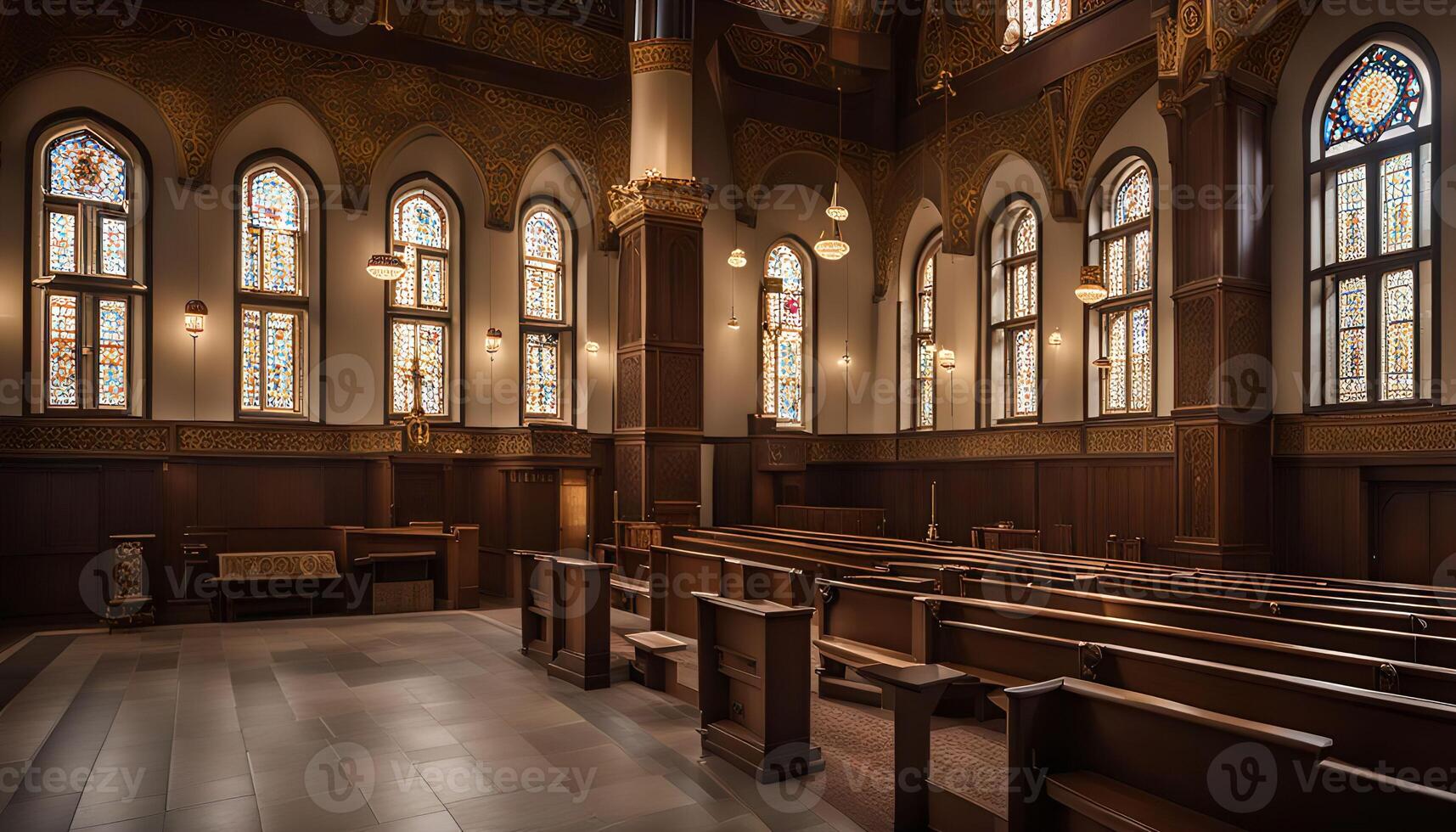 Interior of a church with pews and stained glass windows photo