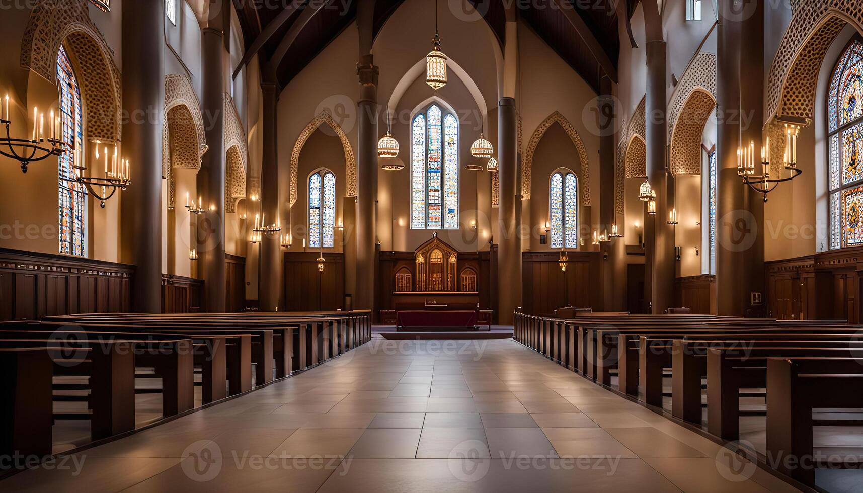 Interior of a Grand Cathedral with Wooden Pews and Stained Glass Windows photo