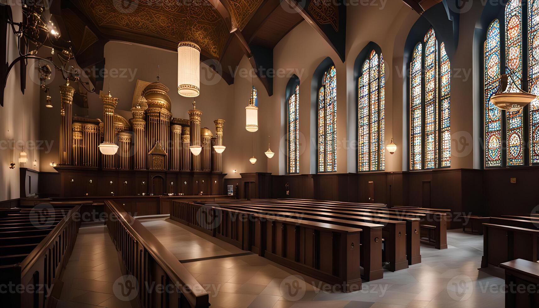 Interior of a Church with Stained Glass Windows and Organ photo