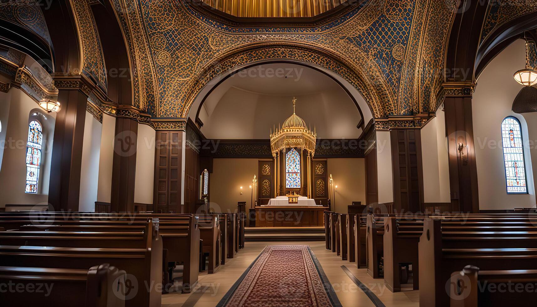 Interior of a Church with Elegant Wooden Pews and Ornate Details photo