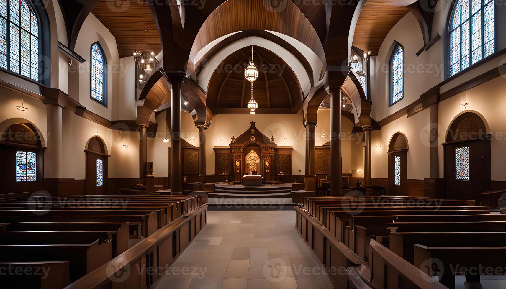 Interior View of a Church with Wooden Pews and Stained Glass Windows photo