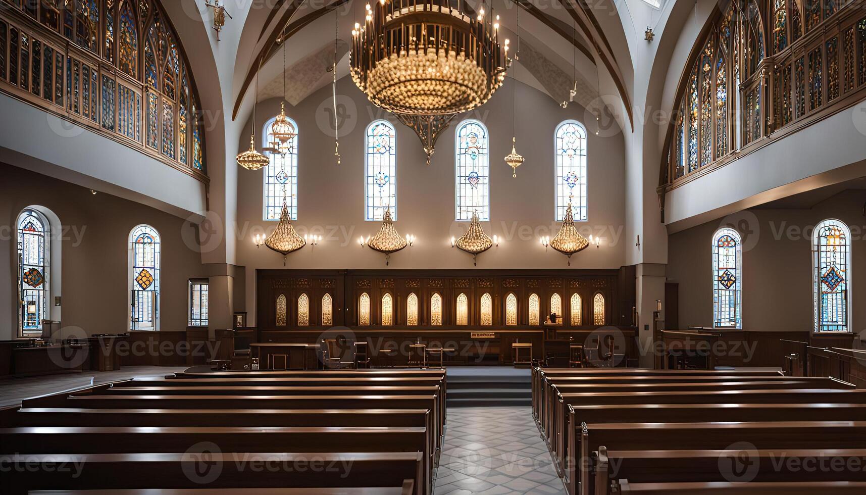 Interior of a Church with Wooden Pews and Stained Glass Windows photo