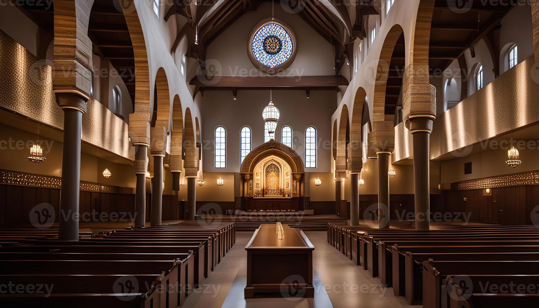 Interior of a Church with High Ceilings and Stained Glass Windows photo