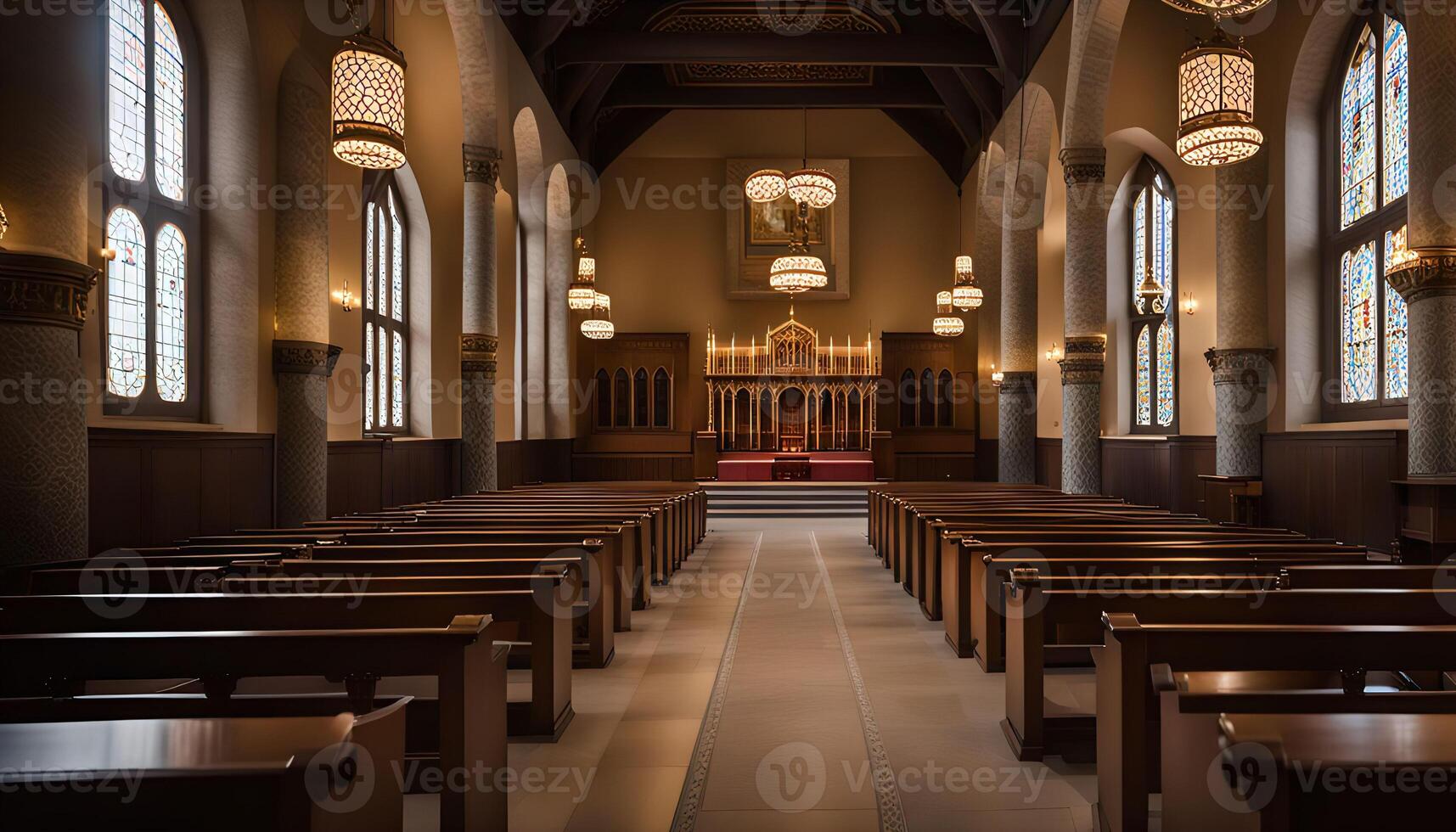 Empty Church Interior with Wooden Pews and Stained Glass Windows photo