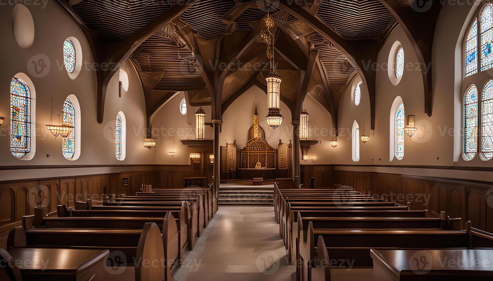 Interior of a Church with Wooden Pews photo