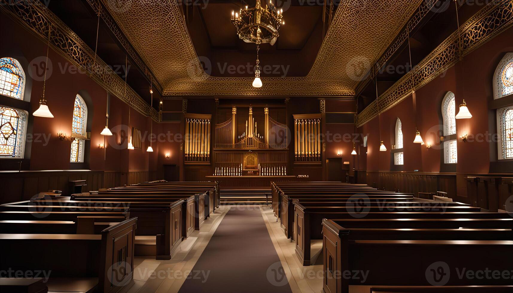 Interior of a Church with Stained Glass Windows and an Organ photo