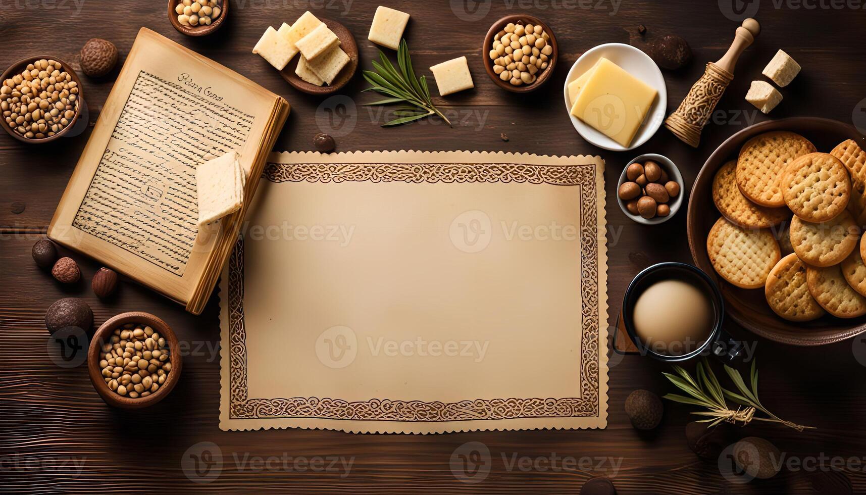 Overhead View of Rustic Table Setting with Snacks and Placemat photo
