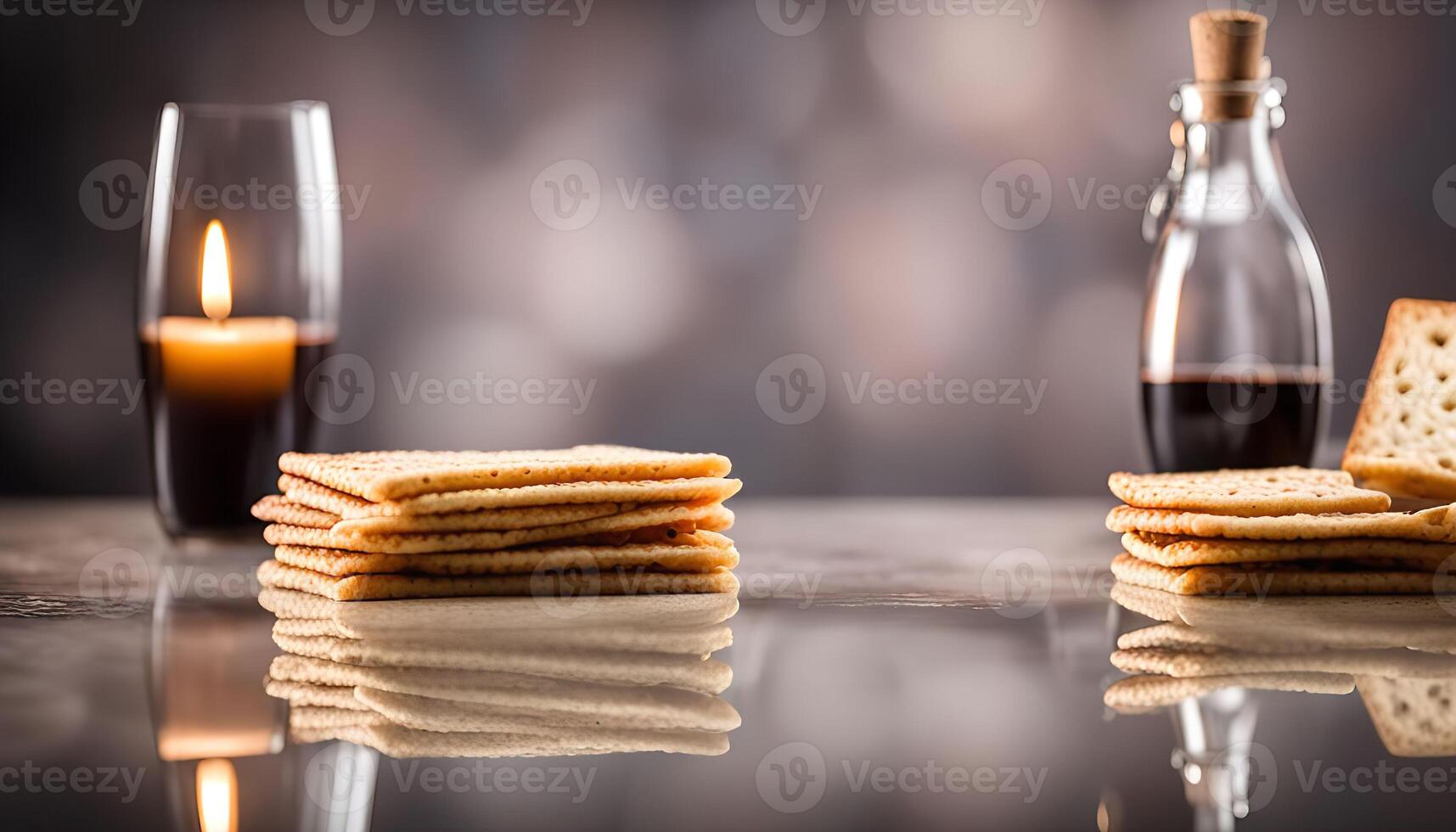 Passover Seder Plate with Matzah, Wine, and Candle photo