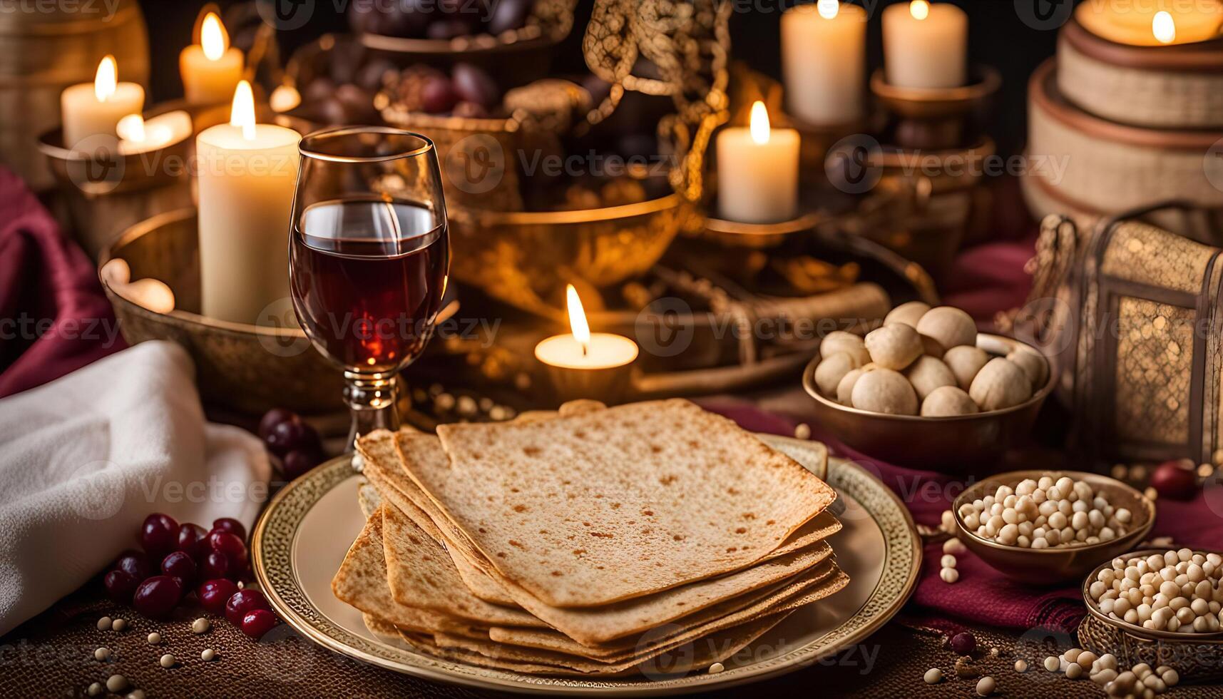 Passover Seder Table Setting with Matzah, Wine, and Candles photo