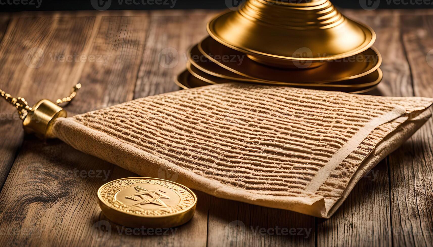 Golden Ritual Objects on a Wooden Table photo