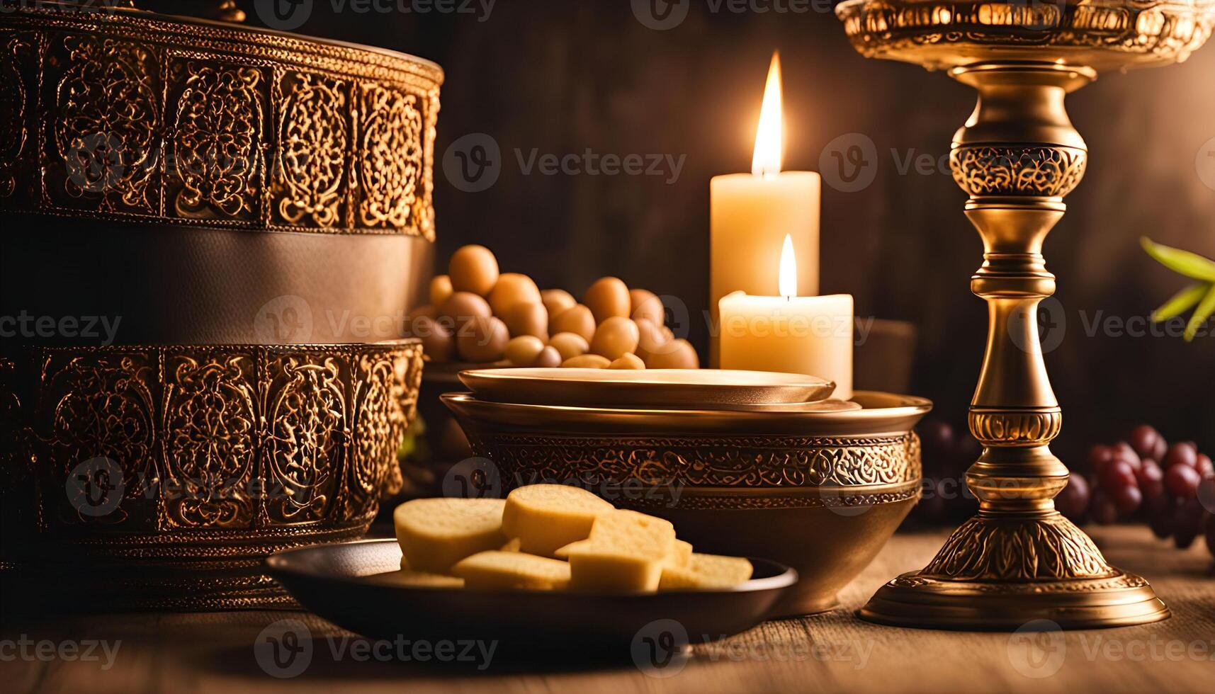 Golden Still Life with Religious Artifacts and Candles photo