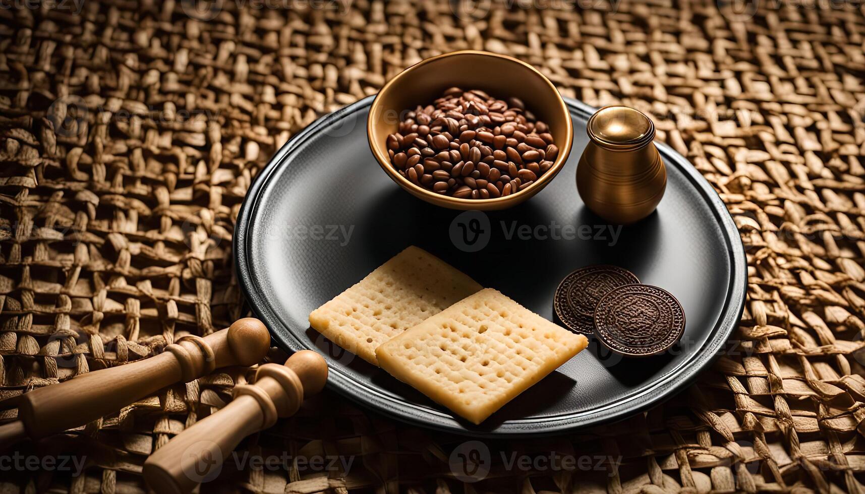 Still Life with Crackers, Chocolate Cookies, Coffee Beans, and Golden Jar on a Wicker Background photo