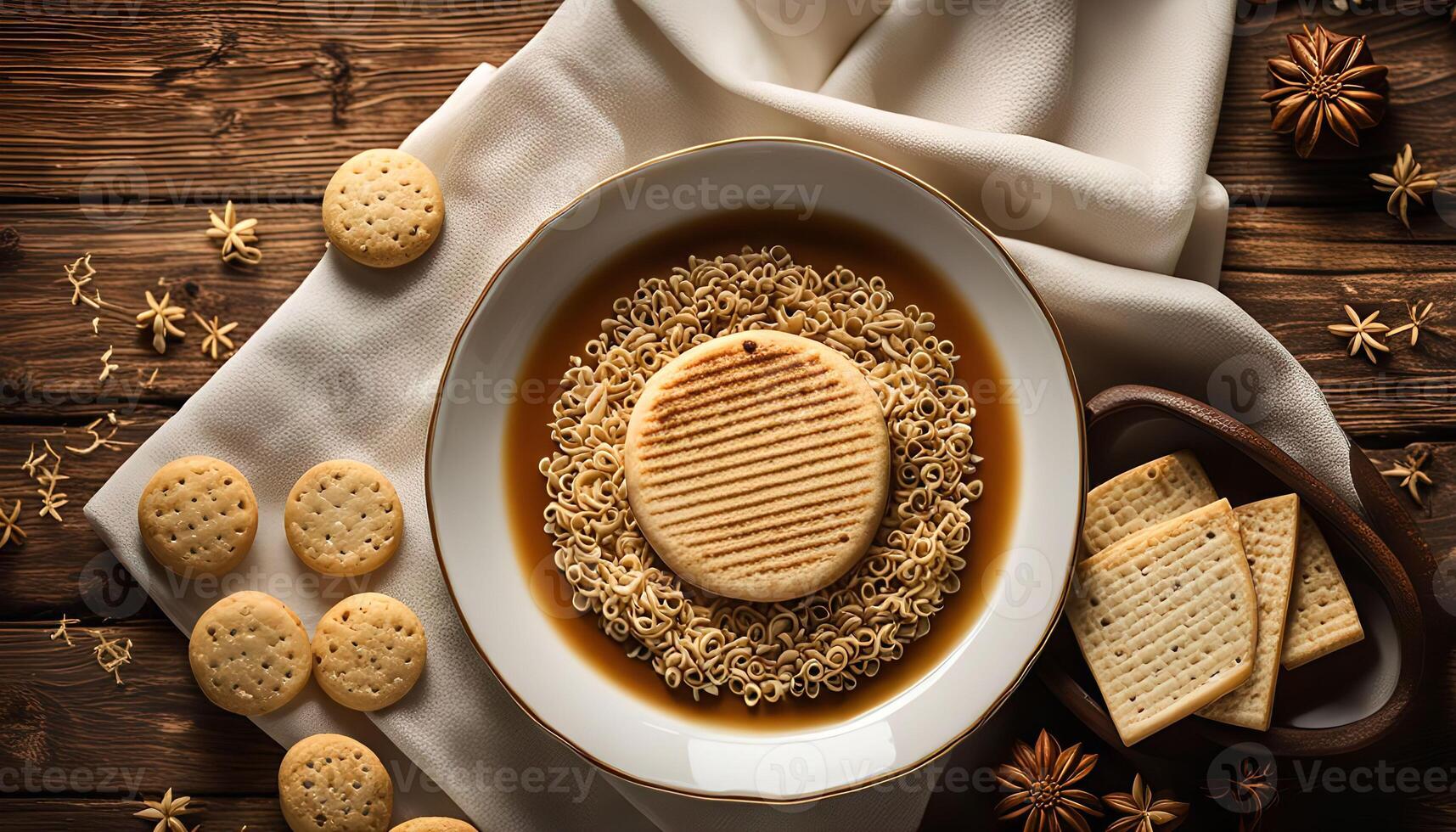 A Unique Food Arrangement on a Wooden Background photo