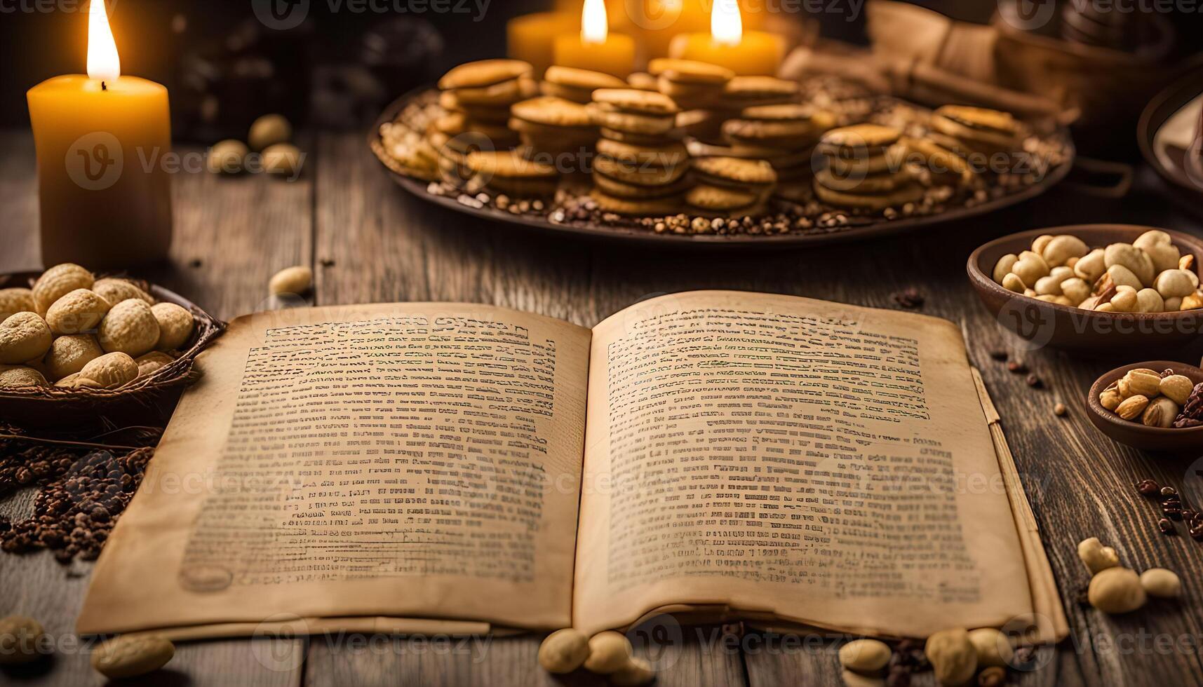 An Open Book with Candles and Snacks photo