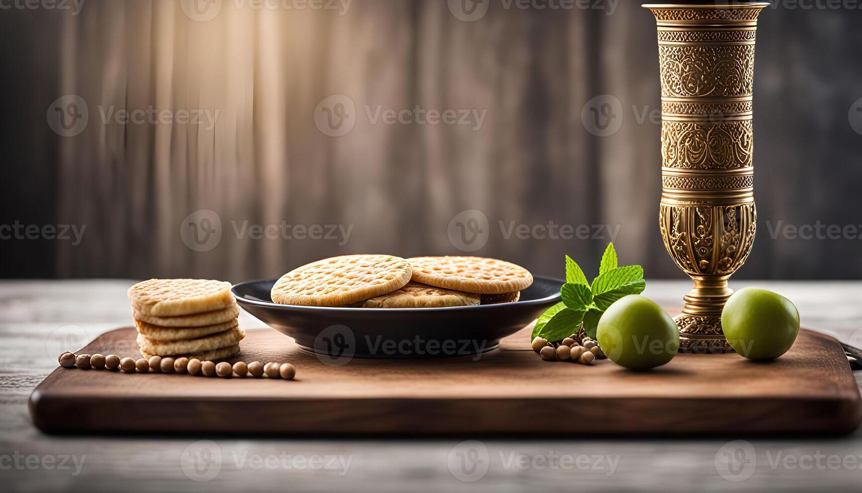 Cookies and a Golden Chalice on a Wooden Board photo