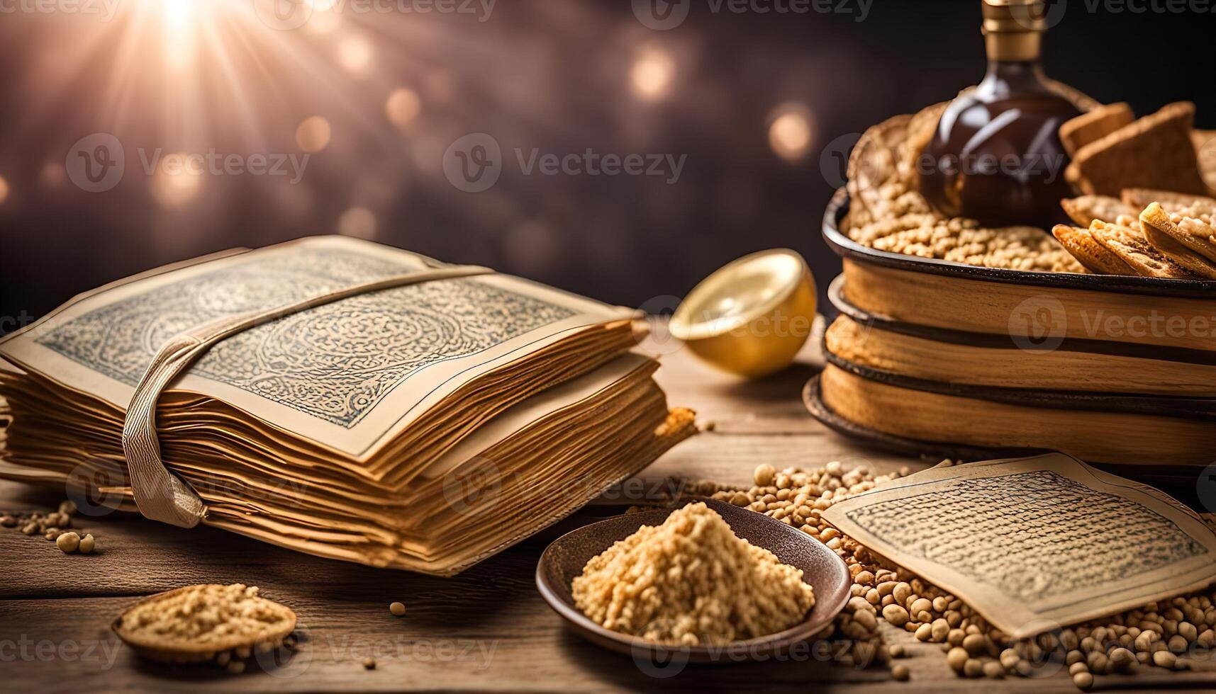 Ancient Religious Book with Grains and Spices photo