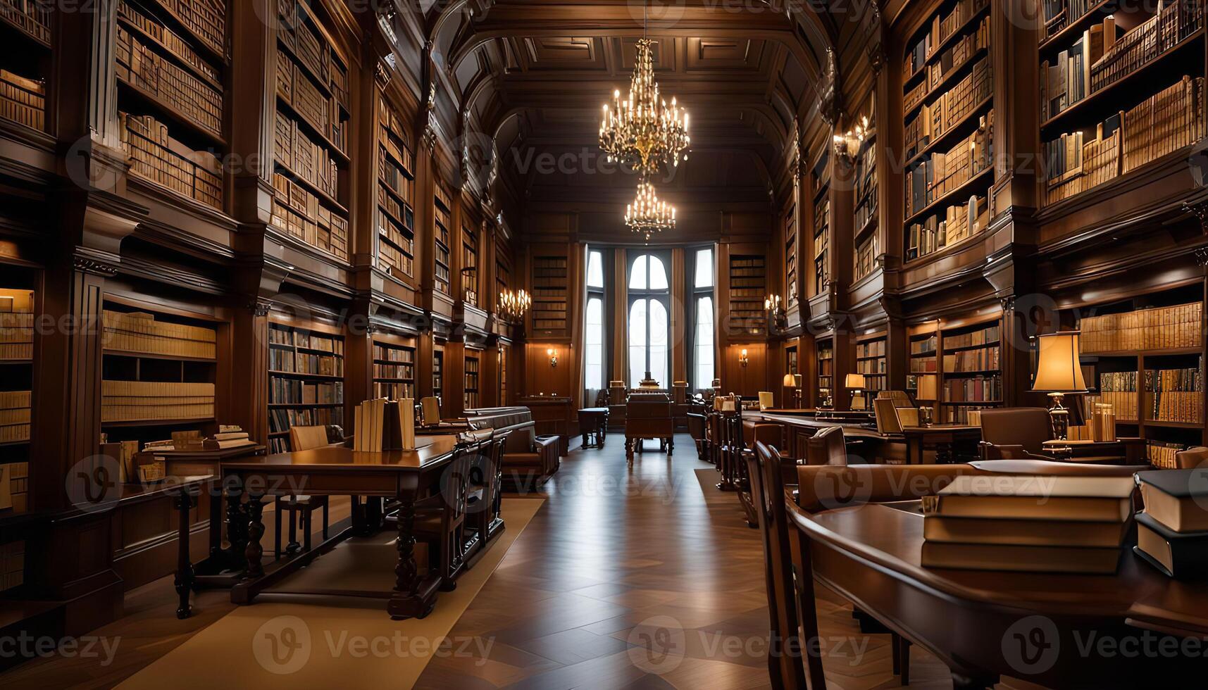 Grand Library Interior with Bookshelves and Natural Light photo