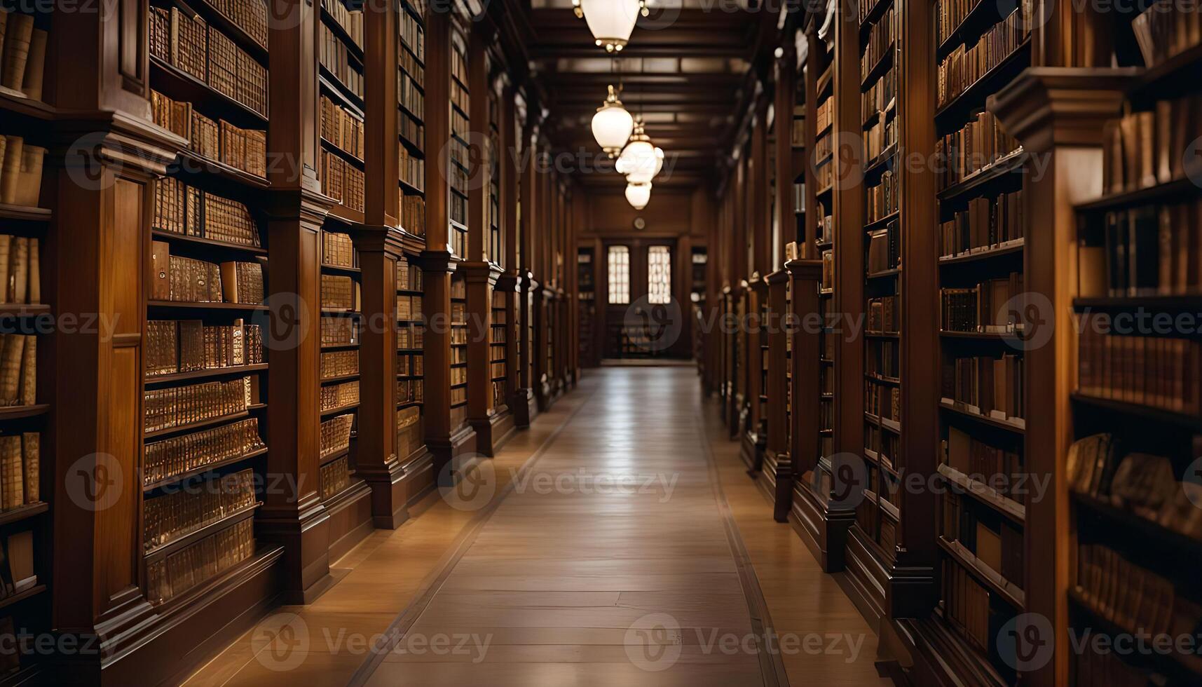 A long aisle lined with bookshelves in a library photo