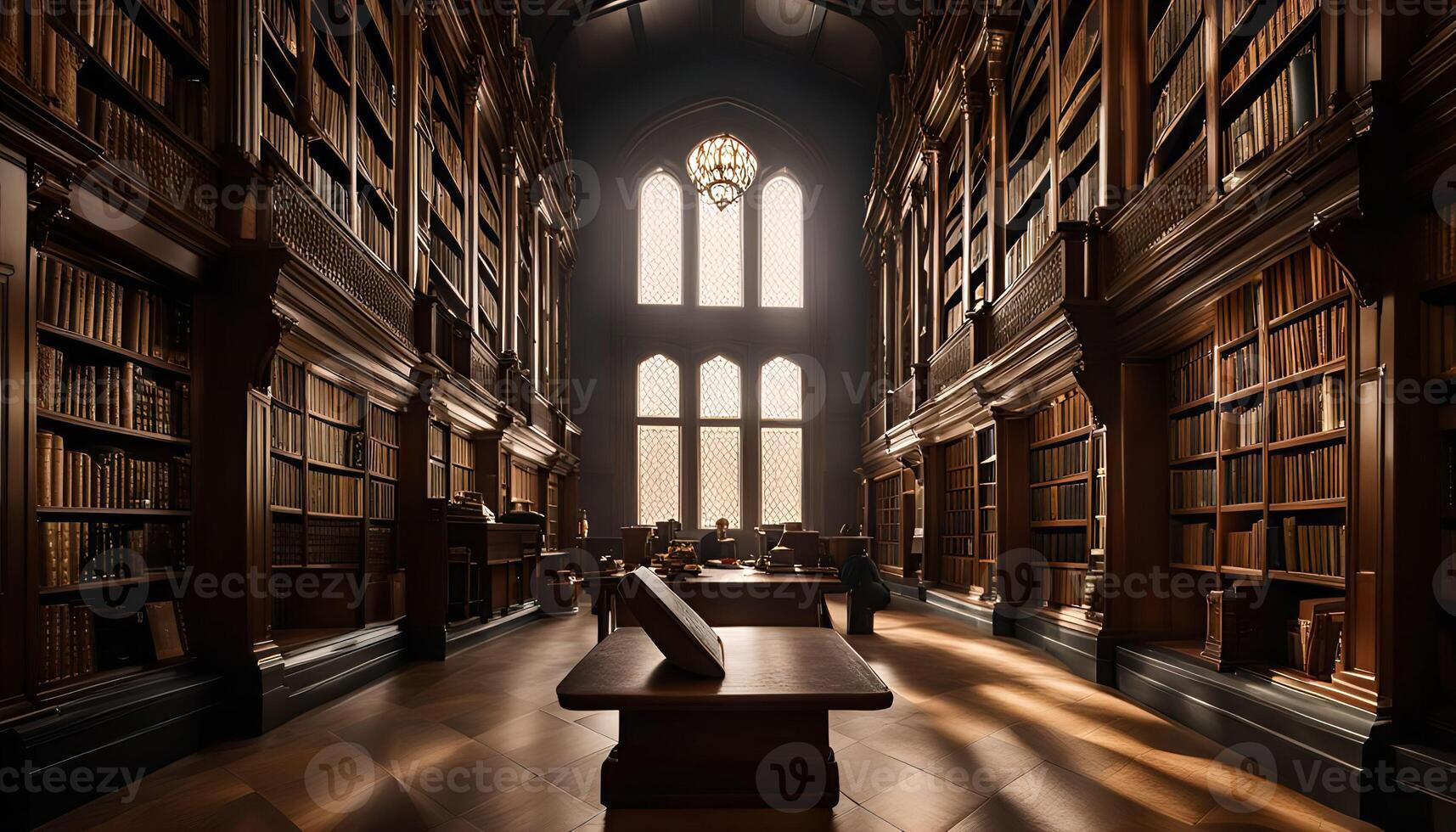 Grand Library with Sunlight Streaming Through Windows photo