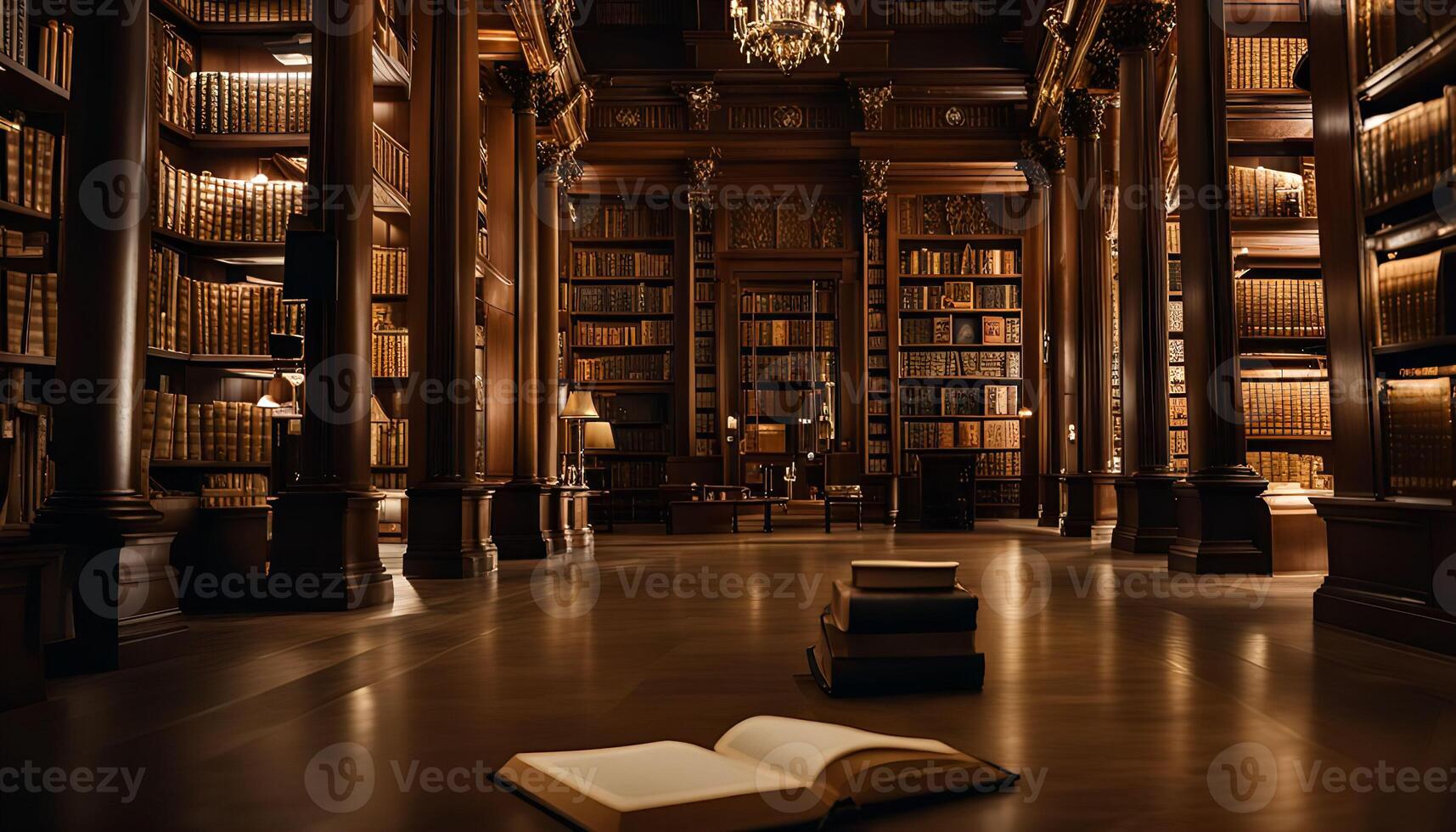 A Grand Library Luxurious Wooden Interior with Stacks of Books photo