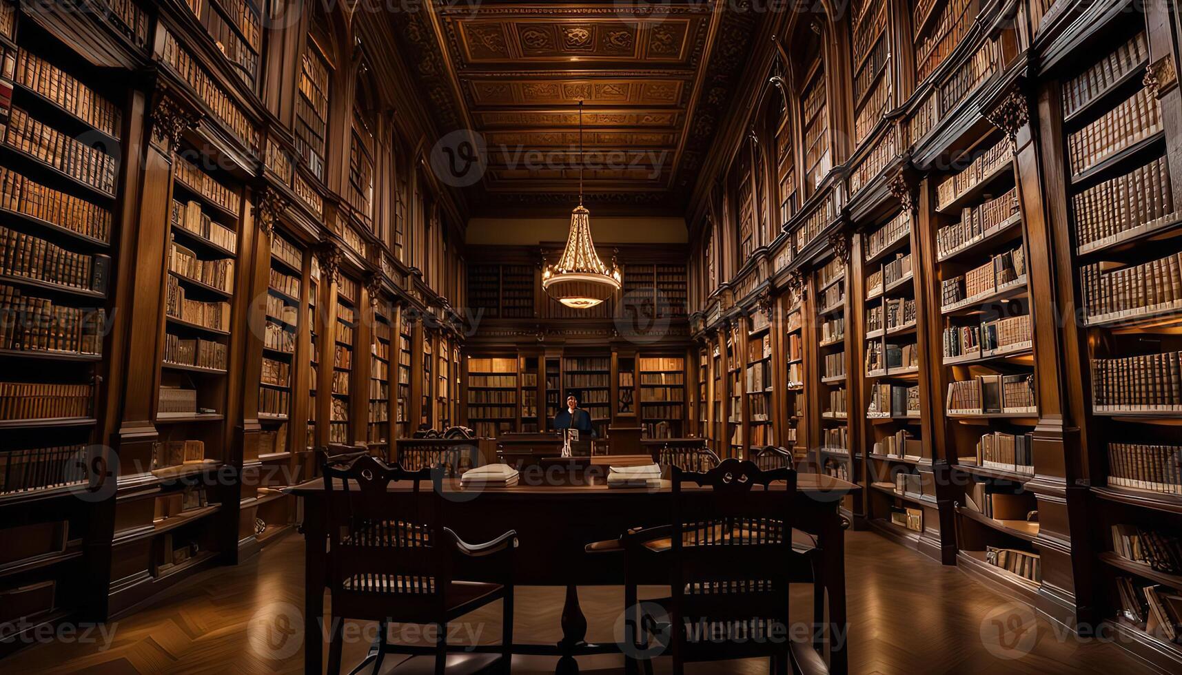 Grand Library with Wooden Bookshelves and a Chandelier photo