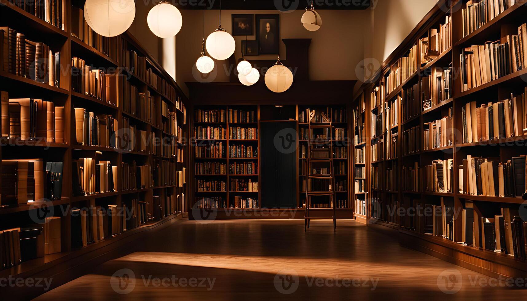 A Serene Library with Bookshelves Filled with Knowledge photo