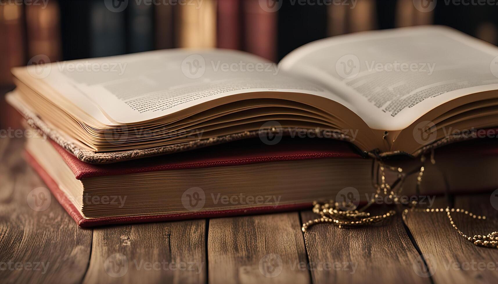 Open Book on Wooden Table with Chain photo