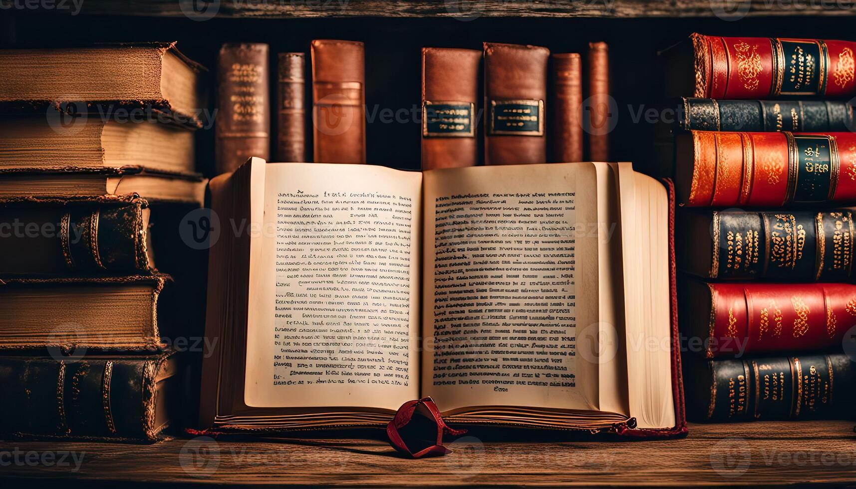 Open Book with Antique Bookshelf photo