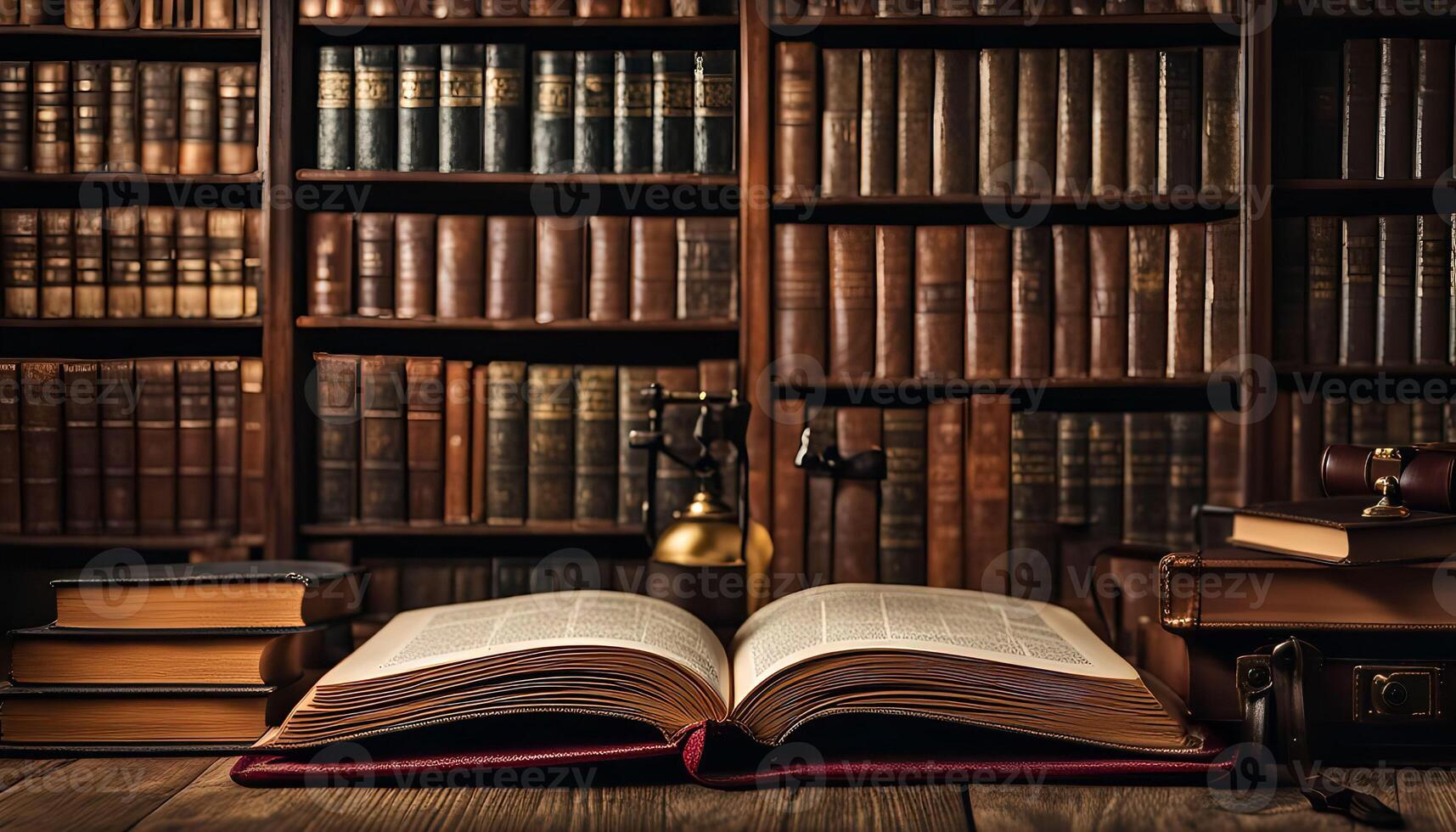 Open Book in a Library with Wooden Bookshelf photo