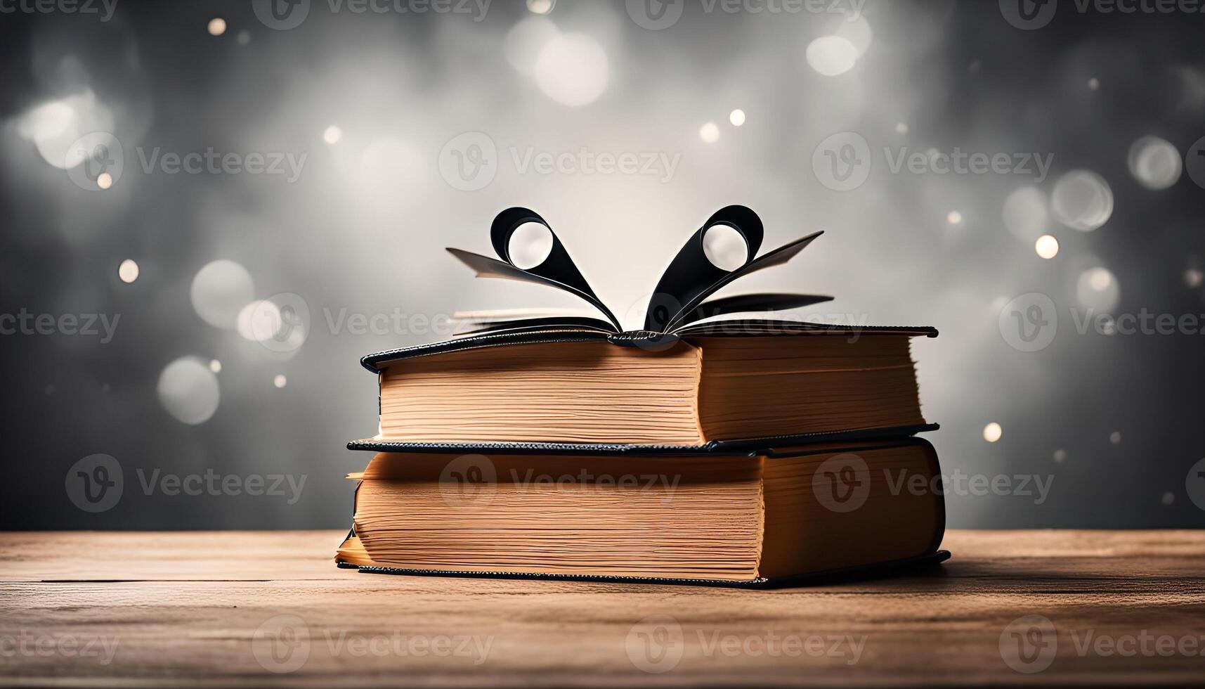 Open Book Stack on Wooden Table photo
