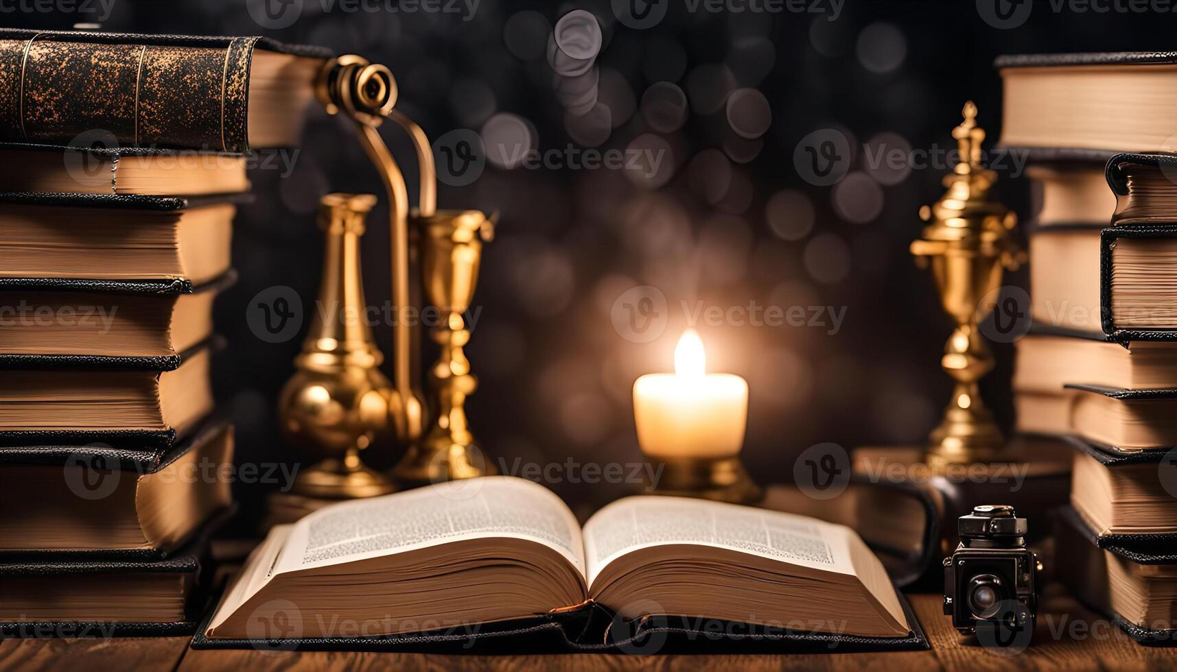 An Open Book with Candlelight and Golden Accents photo