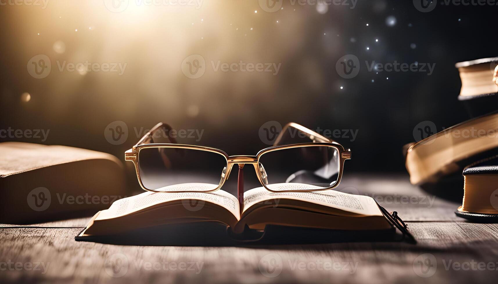 Open Book with Glasses and Stack of Books photo