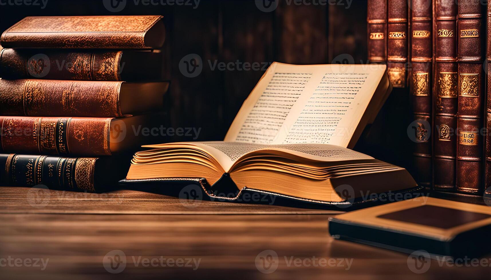 Open Book on a Wooden Table photo