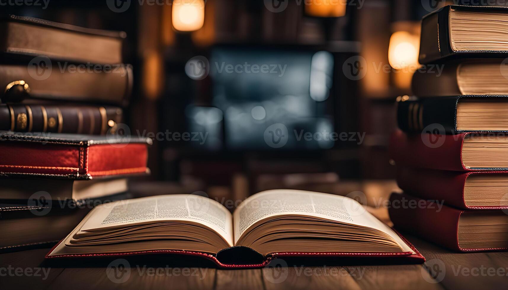 Open Book with Stack of Books in the Background photo