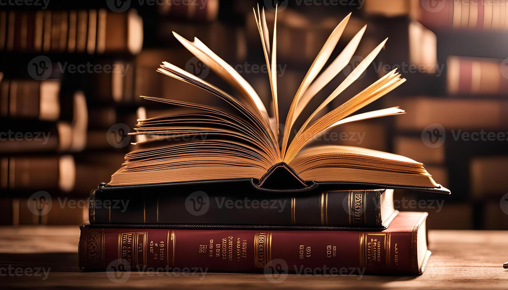 Open Book on Stack of Books photo