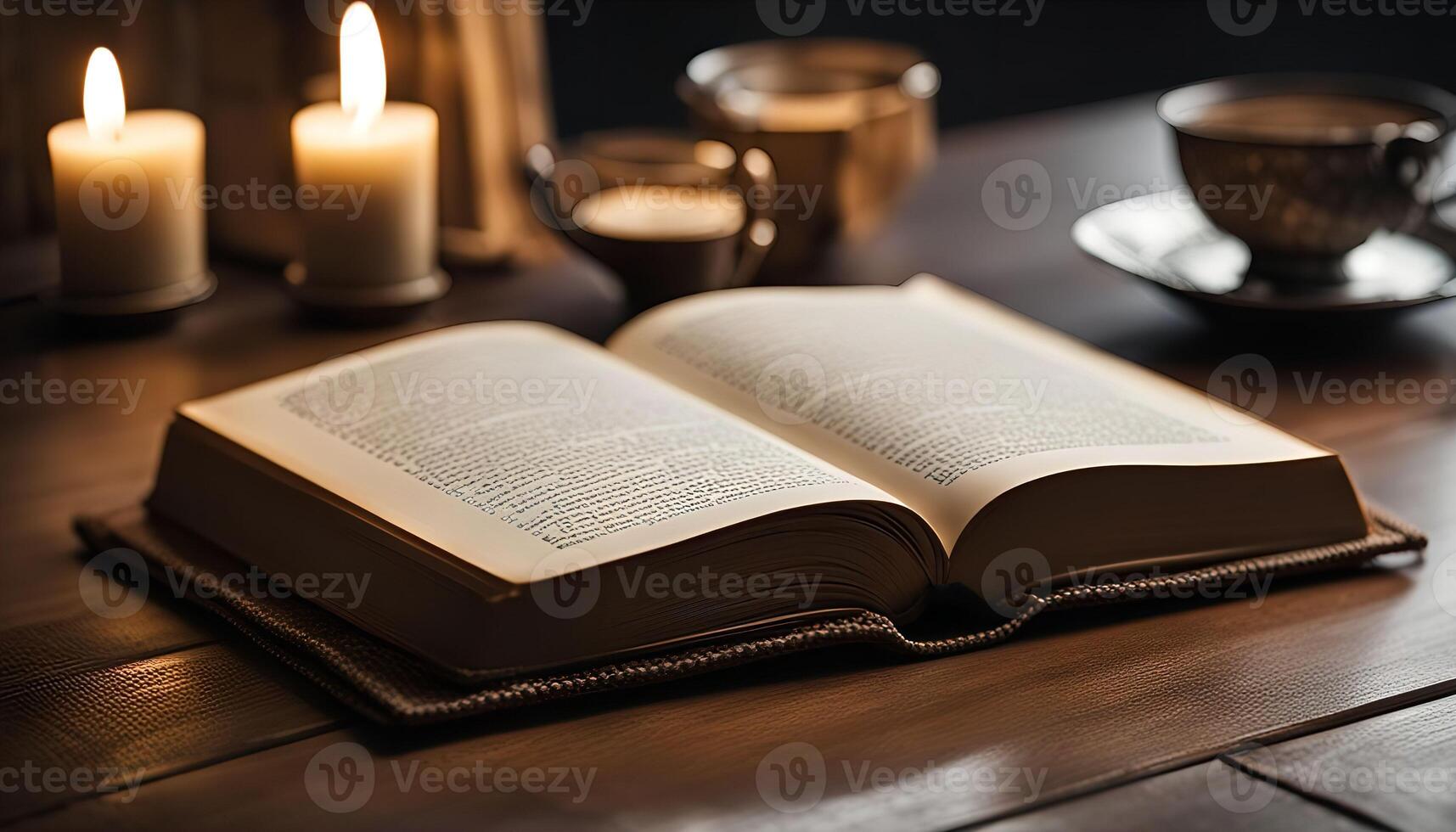 Open Book on a Table with Candles photo