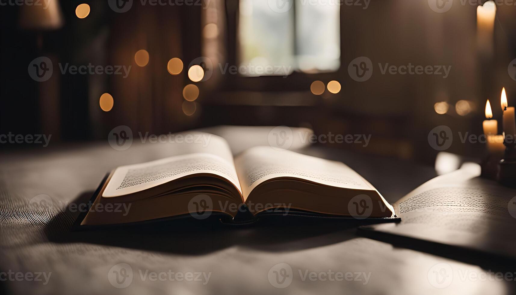 Open Book with Candles in a Dimly Lit Room photo