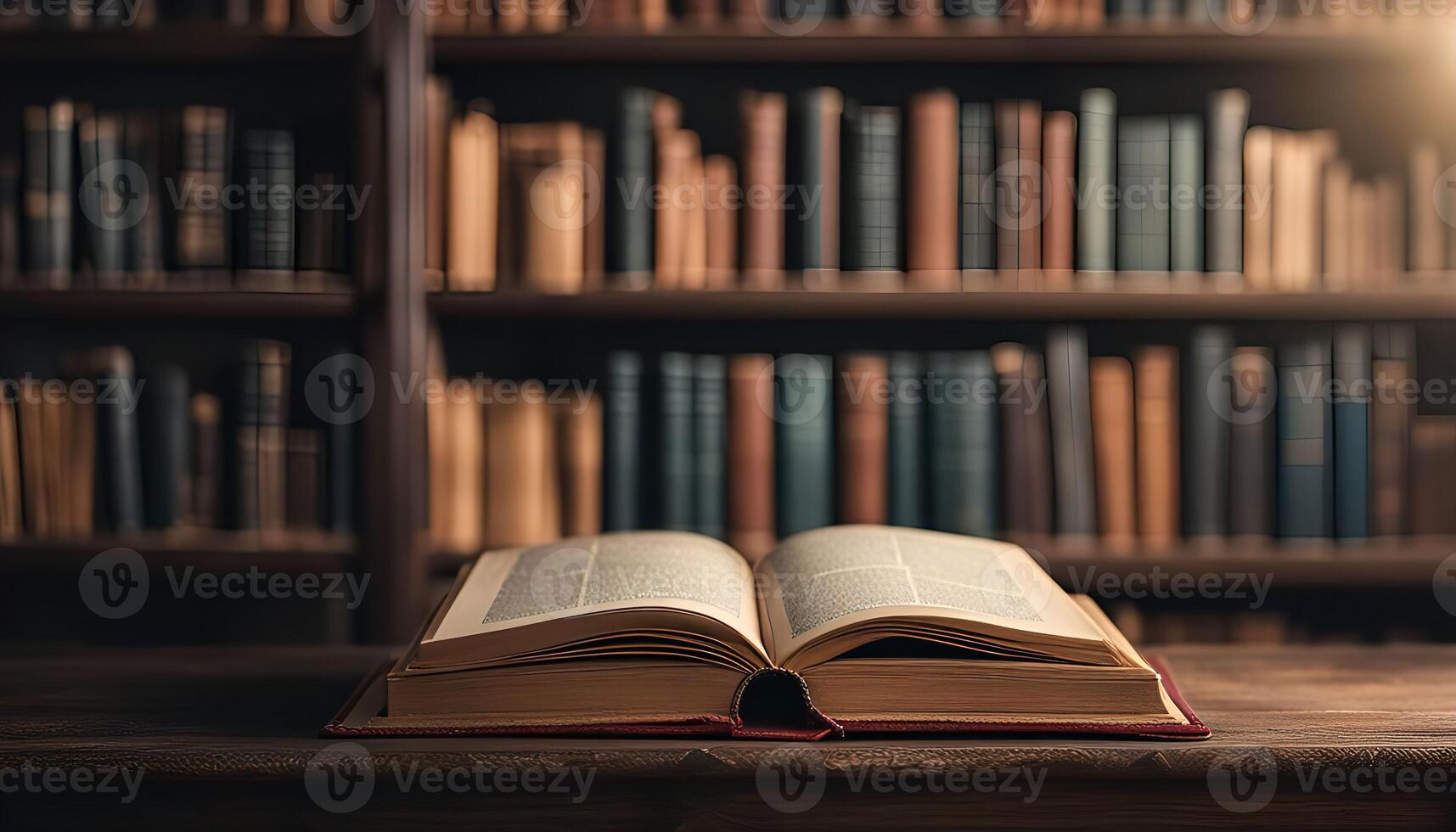 Open Book on a Table in a Library photo