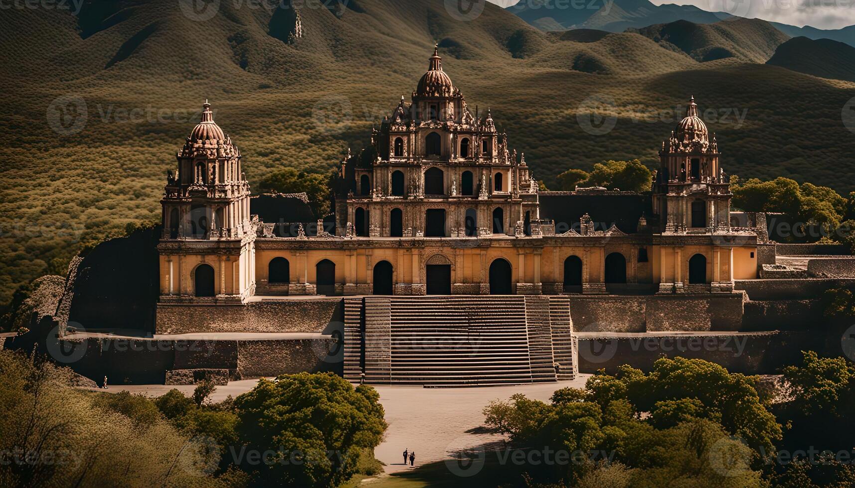 Ancient Temple Architecture in a Mountainous Landscape photo