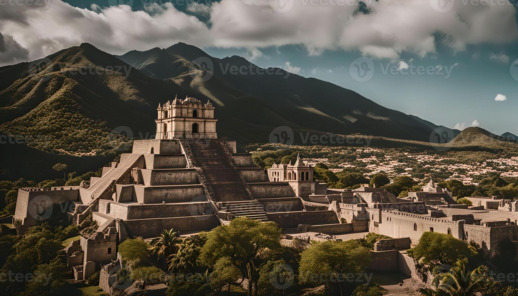 Ancient Pyramid Complex Amidst Lush Mountains photo