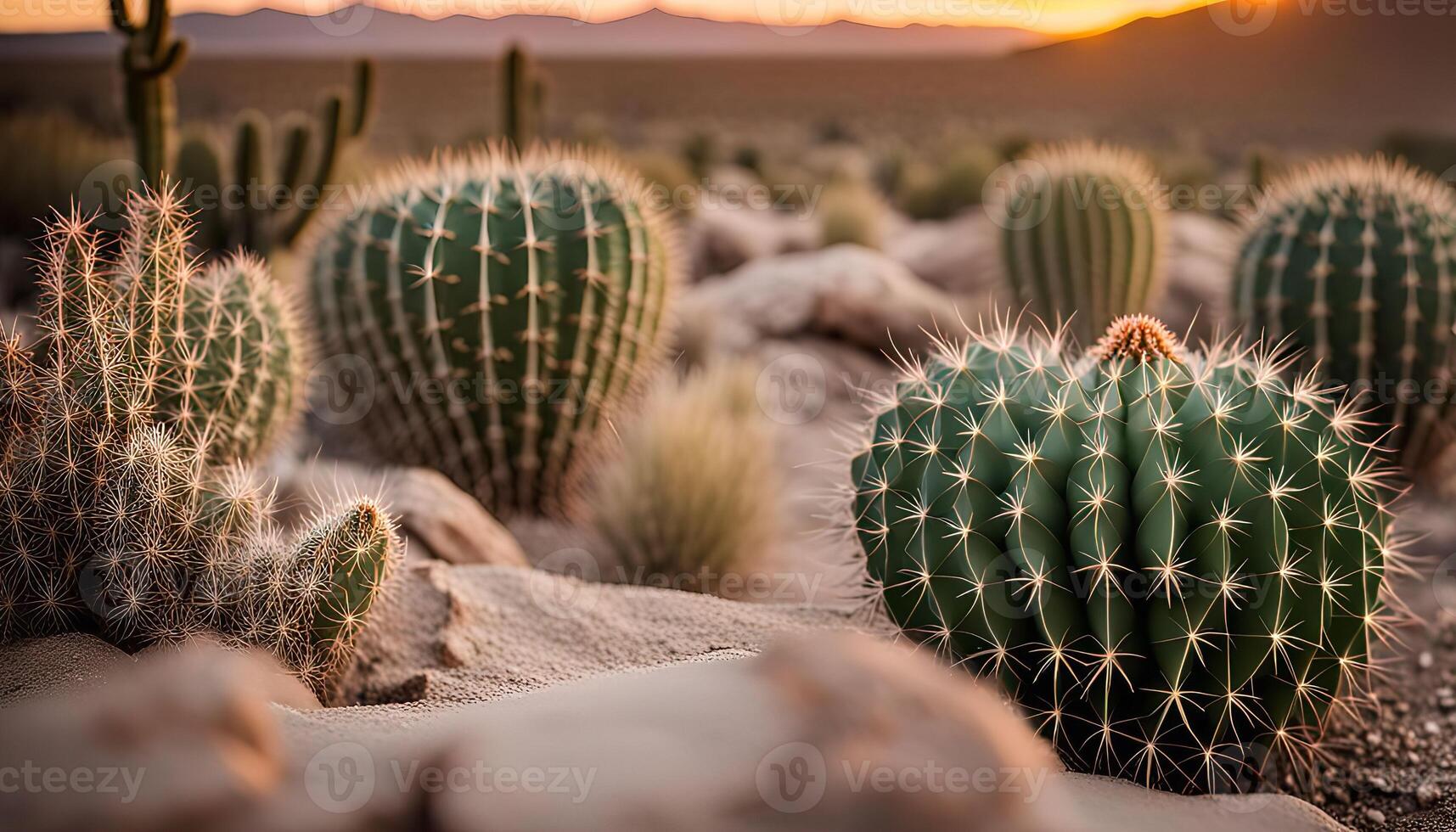 Close-up of a cactus in the desert at sunset photo