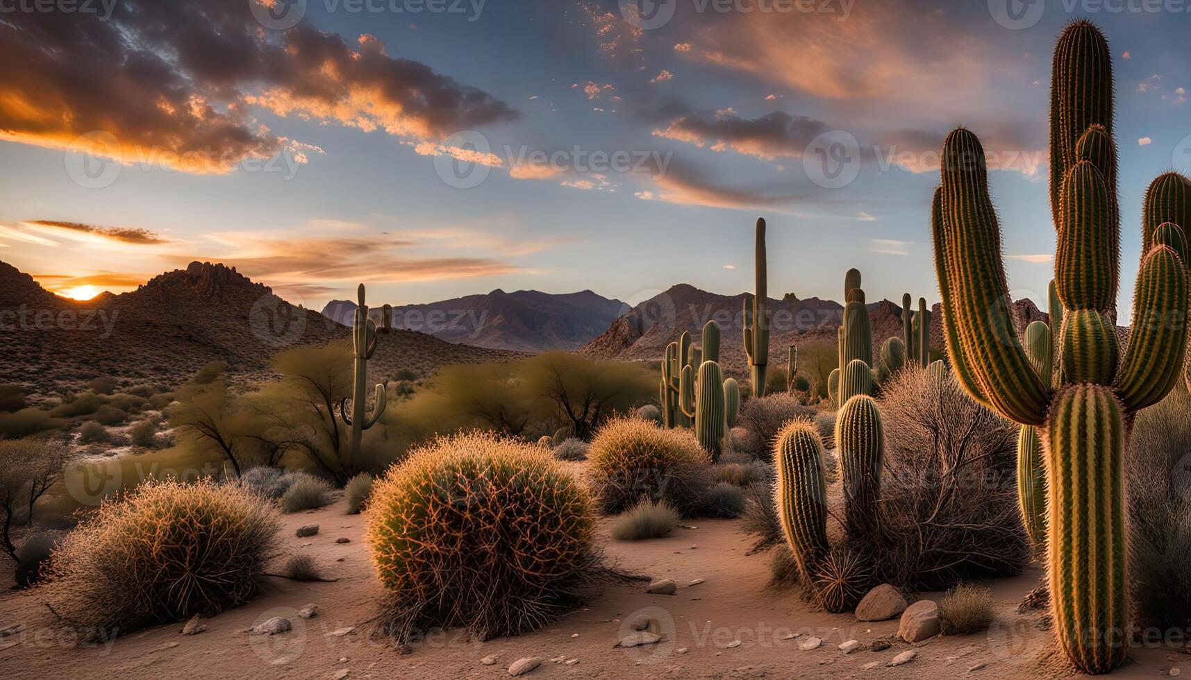 Sunset in the Desert with Cacti photo