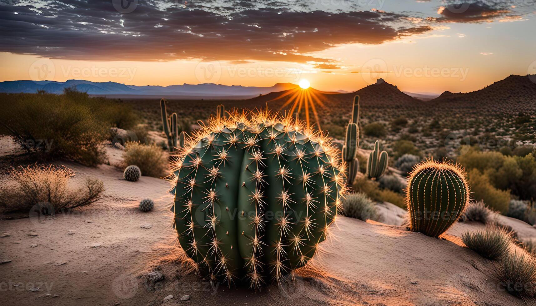 Sunset over a Desert Landscape with a Large Cactus in the Foreground photo